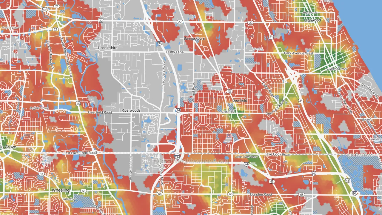 Walk Grade map of 60015, IL, walkable areas in green and car-dependent areas in red