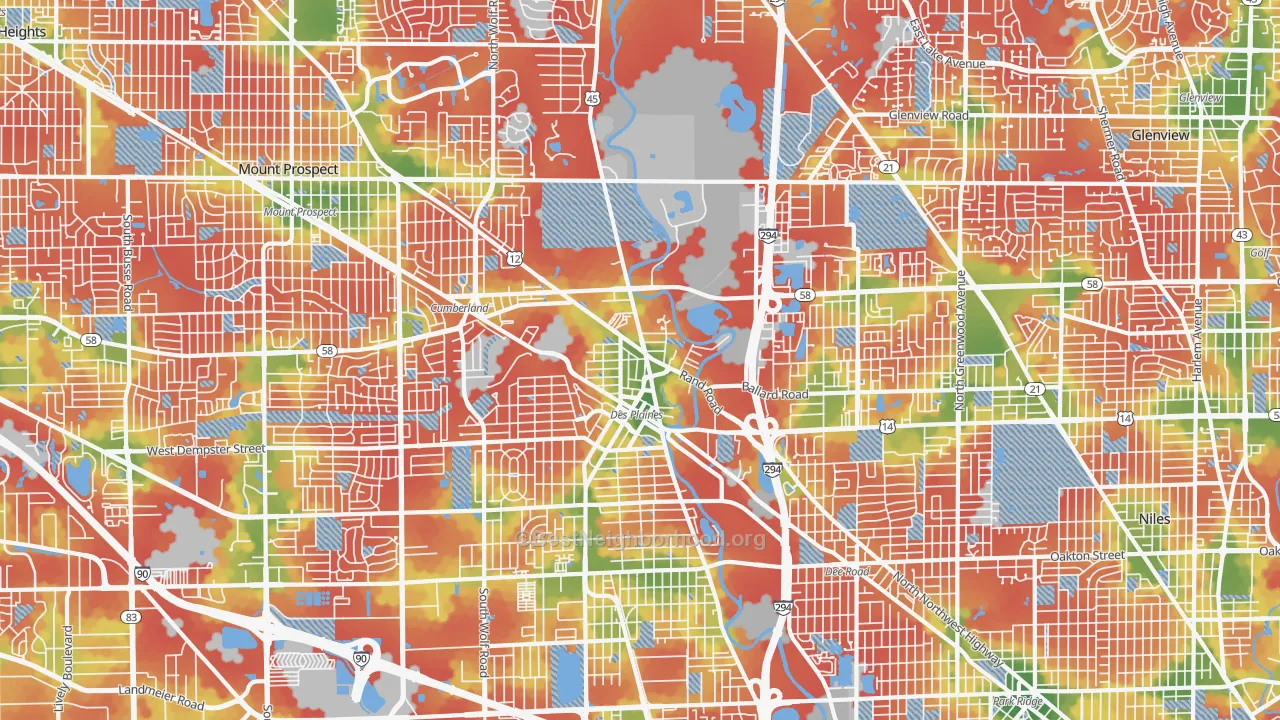 Walk Grade map of 60016, IL, walkable areas in green and car-dependent areas in red