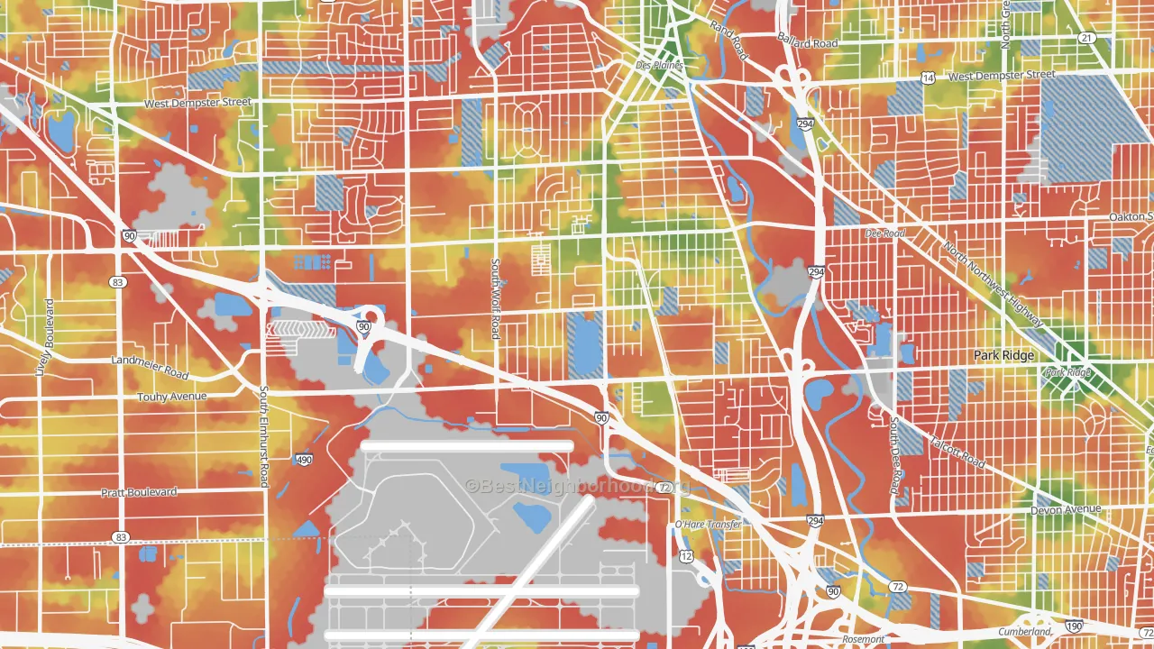 Walk Grade map of 60018, IL, walkable areas in green and car-dependent areas in red