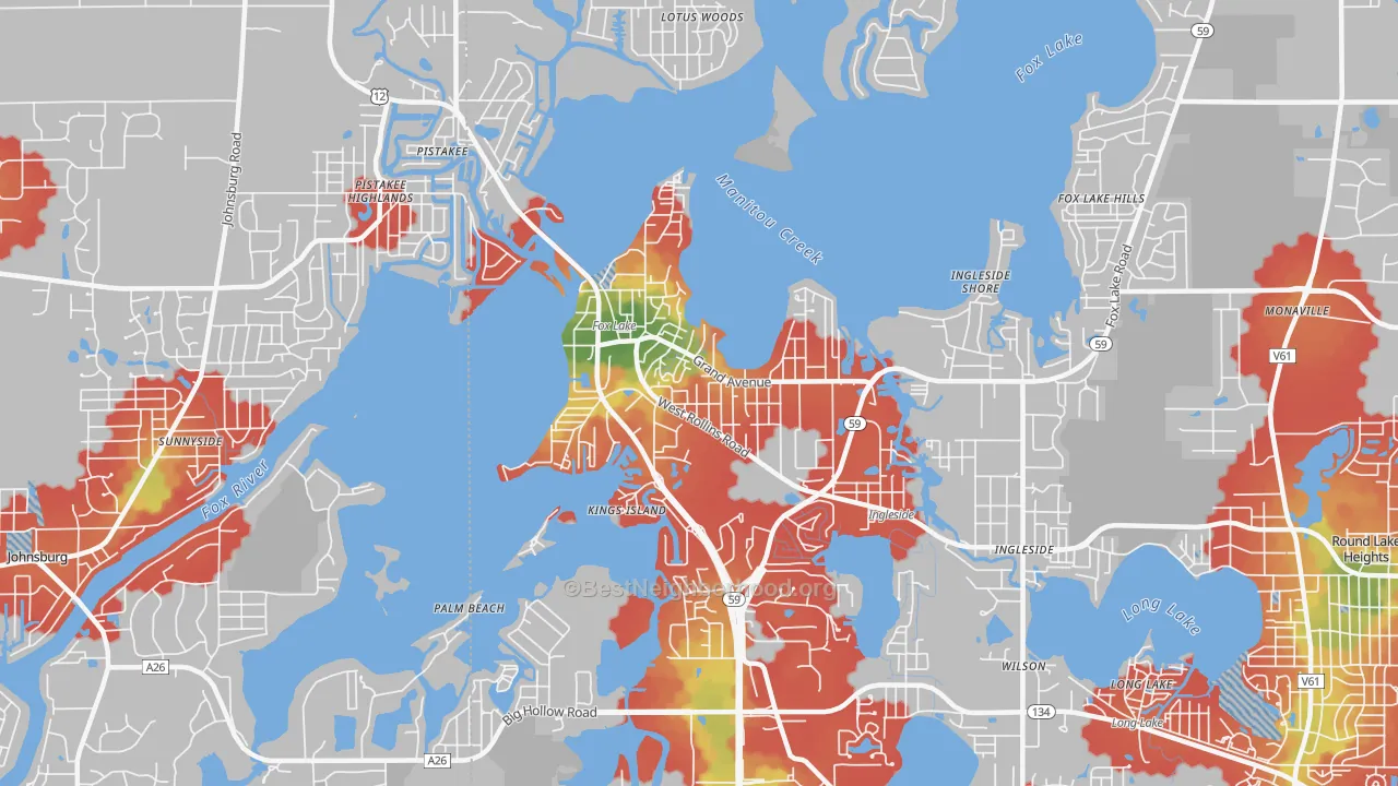 Walk Grade map of 60020, IL, walkable areas in green and car-dependent areas in red