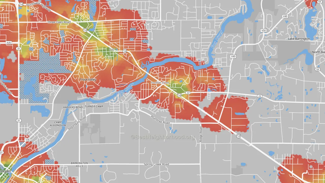 Walk Grade map of 60021, IL, walkable areas in green and car-dependent areas in red