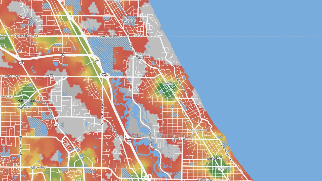 Walk Grade map of 60022, IL, walkable areas in green and car-dependent areas in red