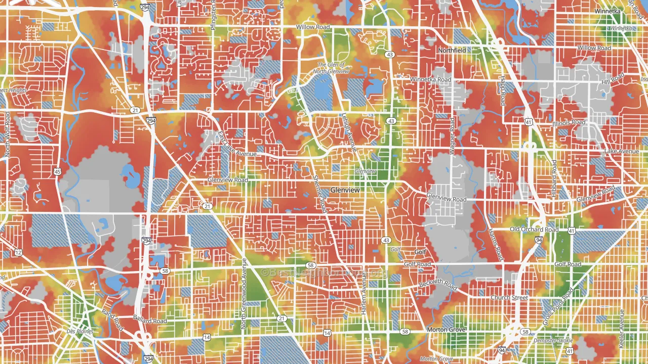 Walk Grade map of 60025, IL, walkable areas in green and car-dependent areas in red