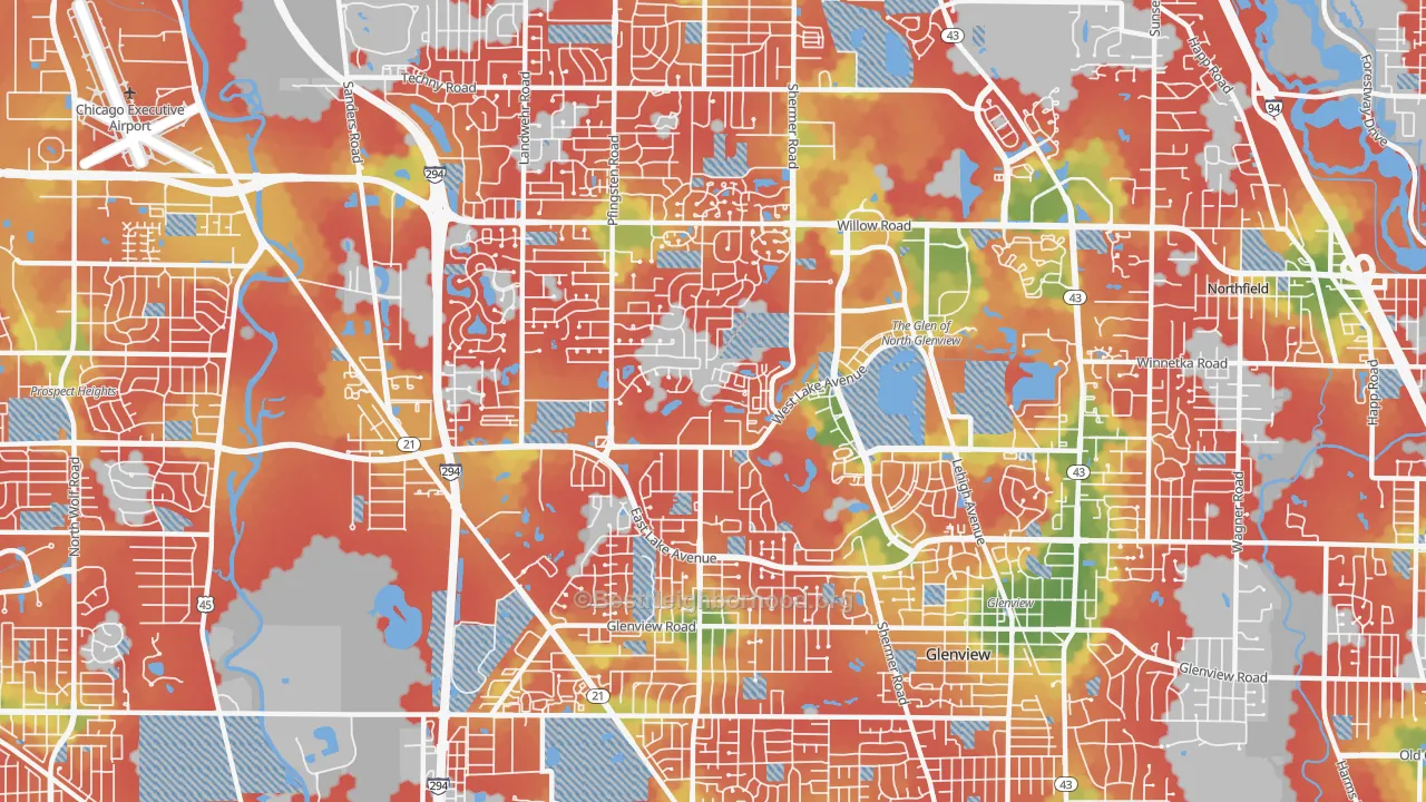 Walk Grade map of 60026, IL, walkable areas in green and car-dependent areas in red