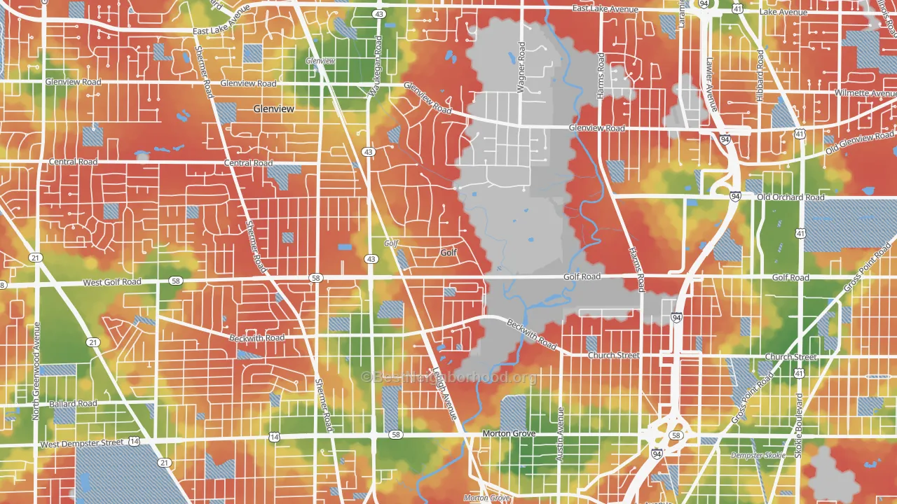 Walk Grade map of 60029, IL, walkable areas in green and car-dependent areas in red