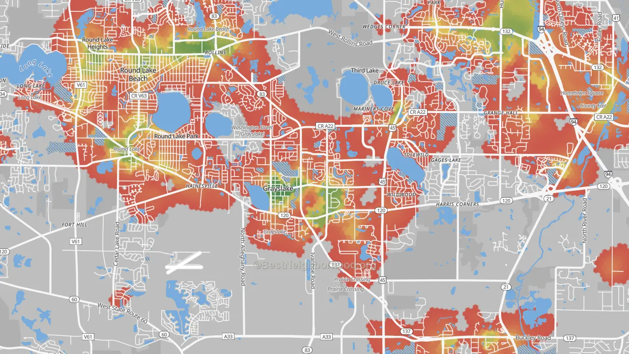 Walk Grade map of 60030, IL, walkable areas in green and car-dependent areas in red