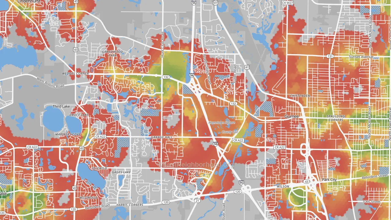Walk Grade map of 60031, IL, walkable areas in green and car-dependent areas in red