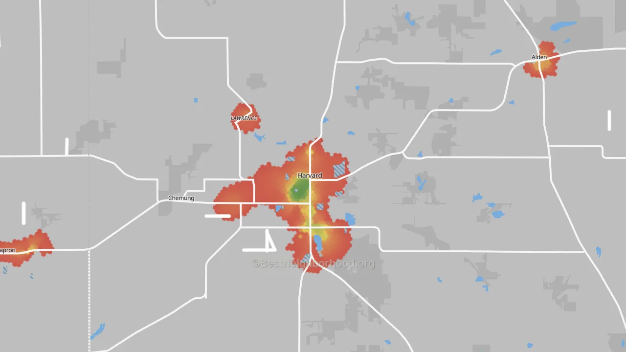 Walk Grade map of 60033, IL, walkable areas in green and car-dependent areas in red