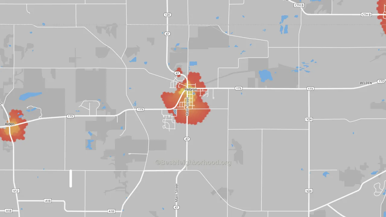 Walk Grade map of 60034, IL, walkable areas in green and car-dependent areas in red