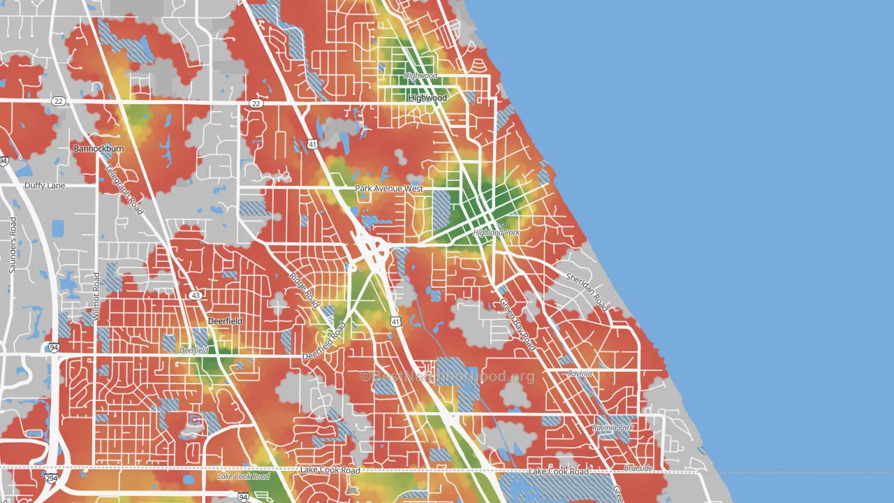 Walk Grade map of 60035, IL, walkable areas in green and car-dependent areas in red