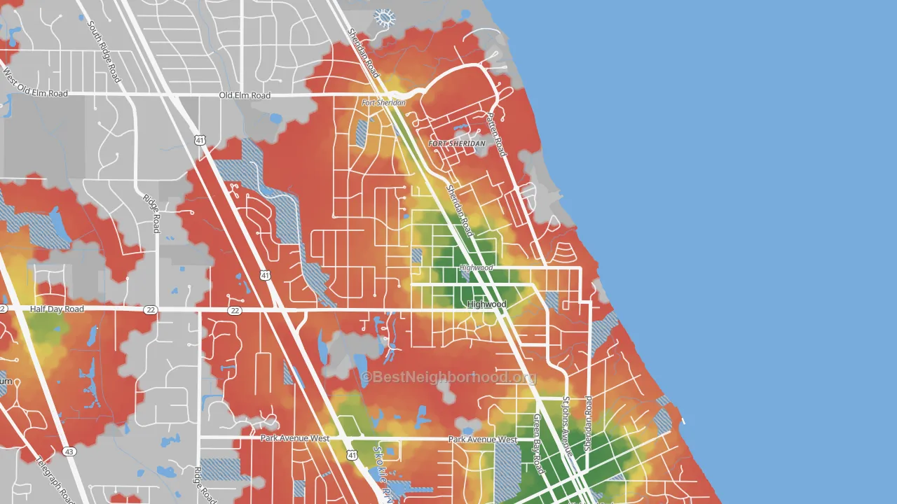 Walk Grade map of 60040, IL, walkable areas in green and car-dependent areas in red