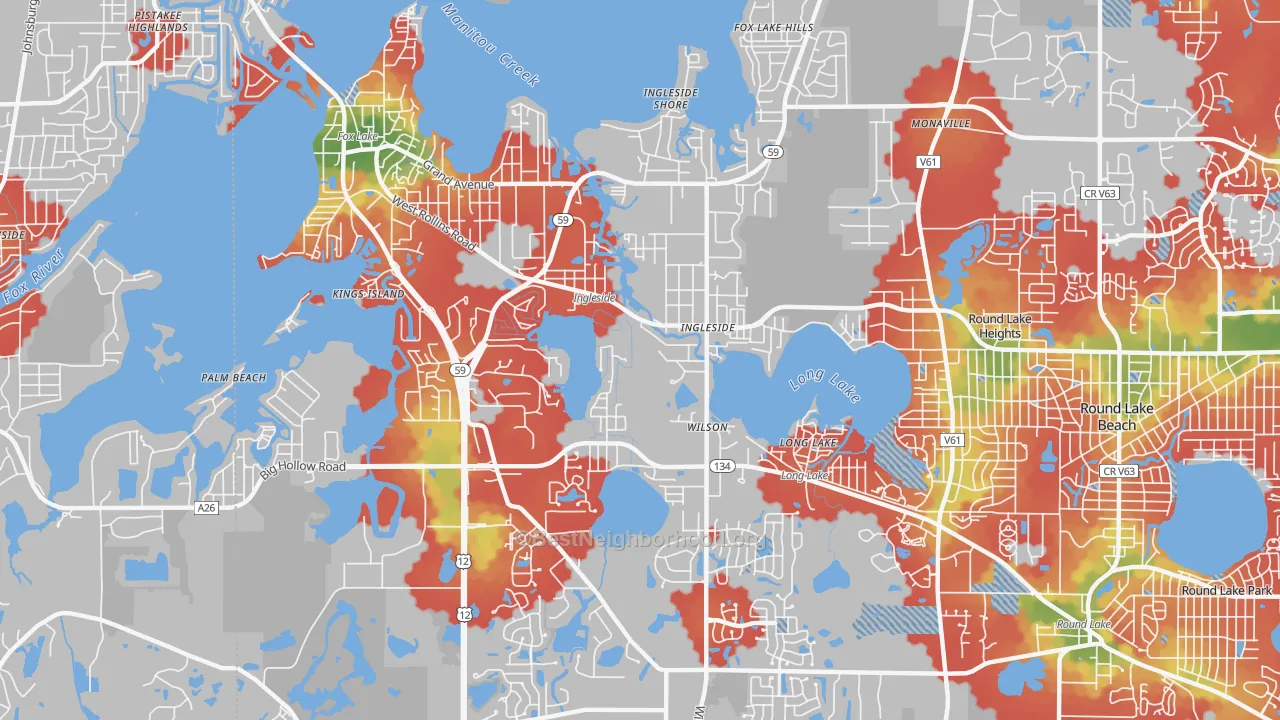 Walk Grade map of 60041, IL, walkable areas in green and car-dependent areas in red