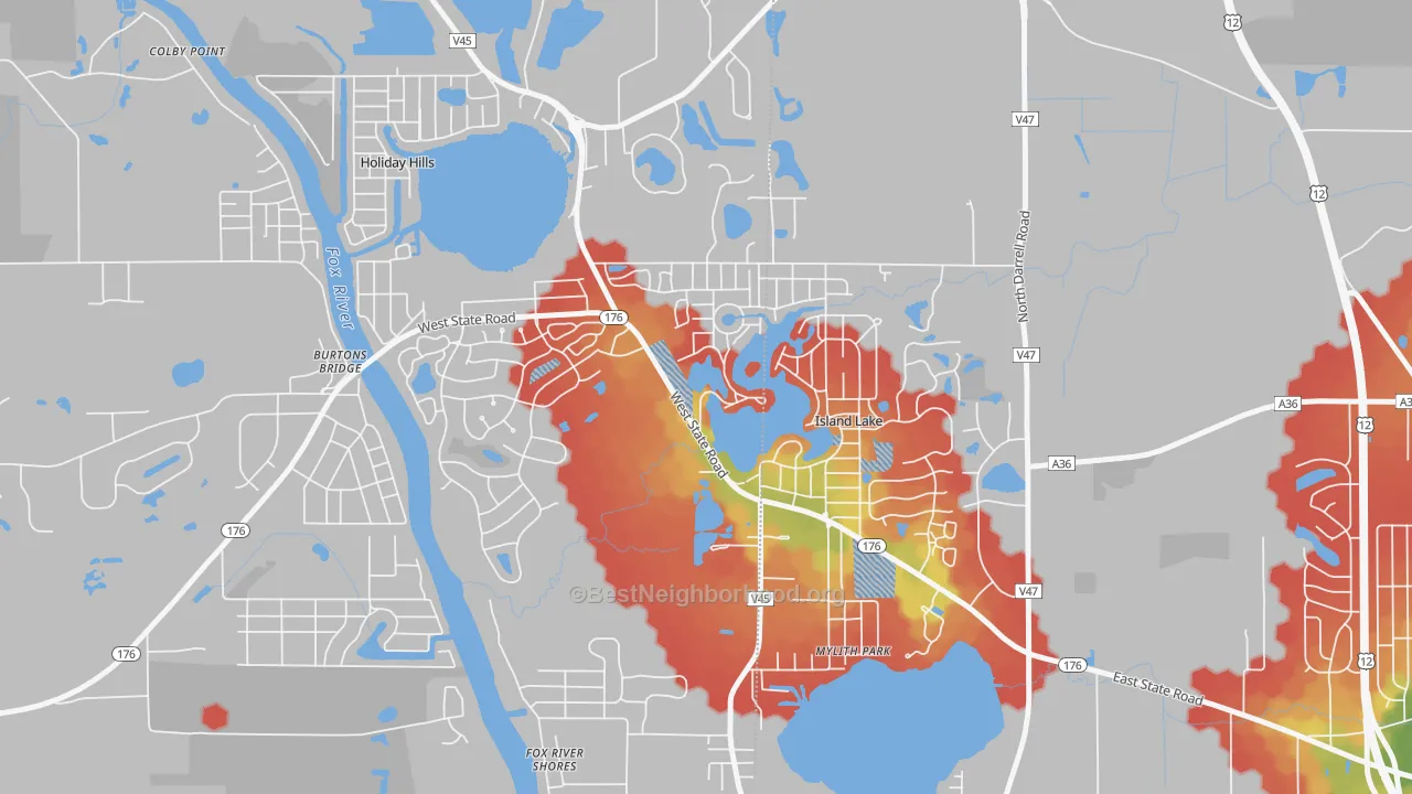 Walk Grade map of 60042, IL, walkable areas in green and car-dependent areas in red