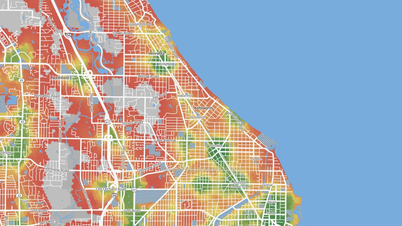 Walk Grade map of 60043, IL, walkable areas in green and car-dependent areas in red