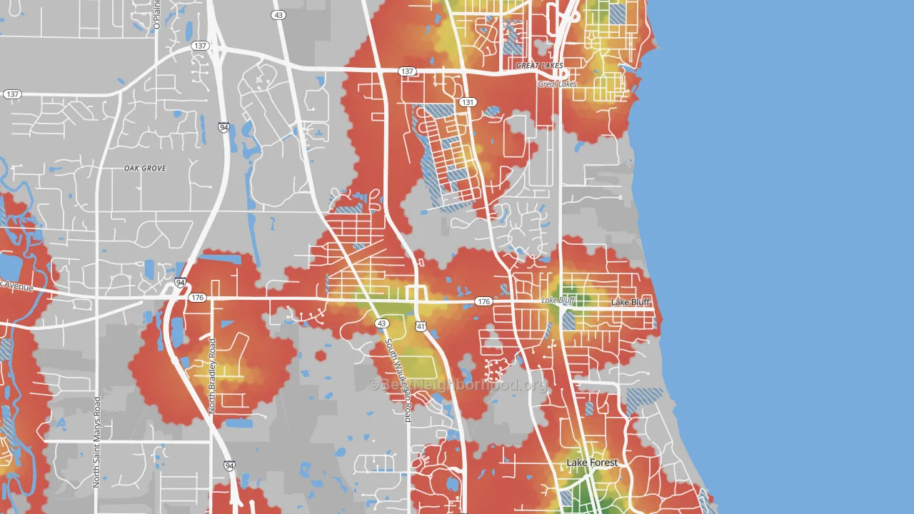 Walk Grade map of 60044, IL, walkable areas in green and car-dependent areas in red