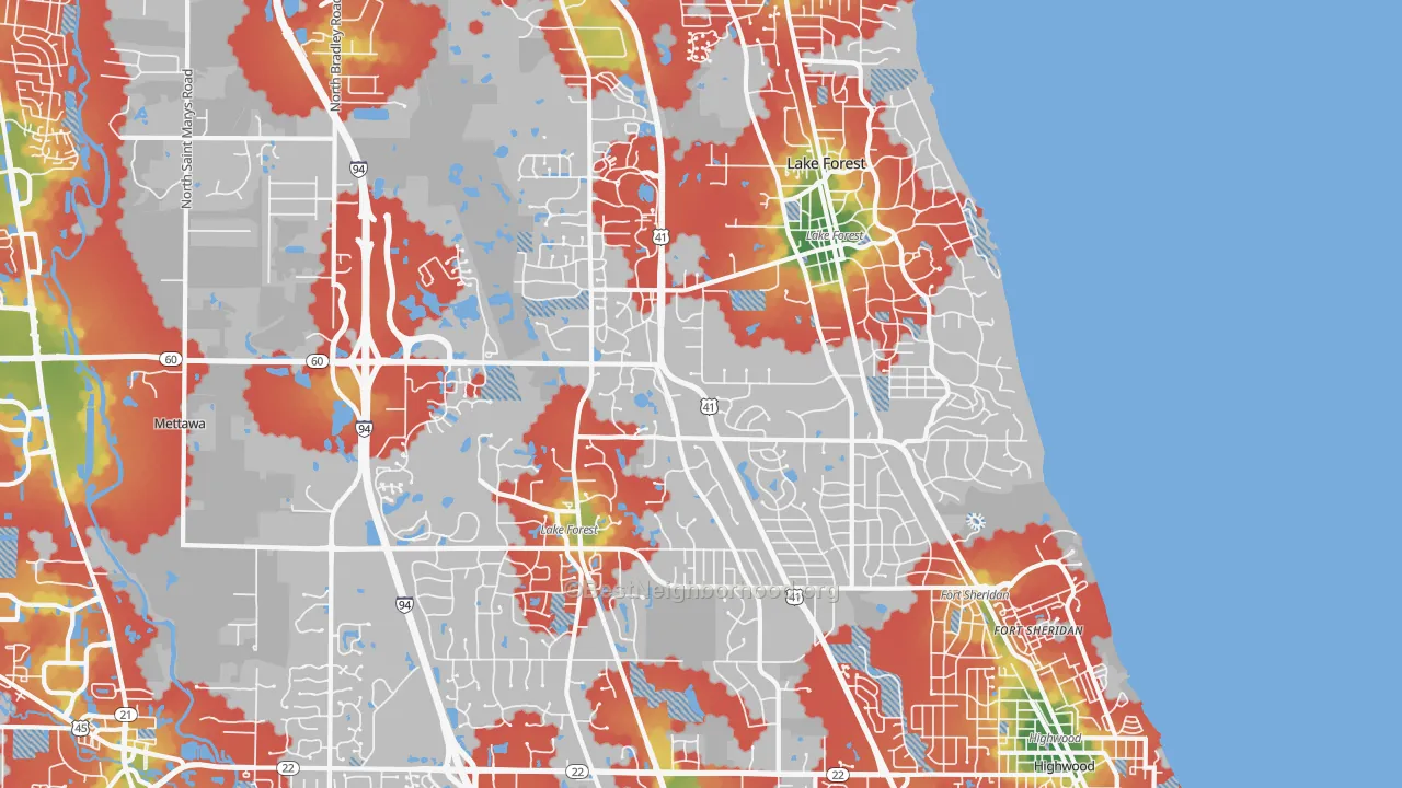 Walk Grade map of 60045, IL, walkable areas in green and car-dependent areas in red