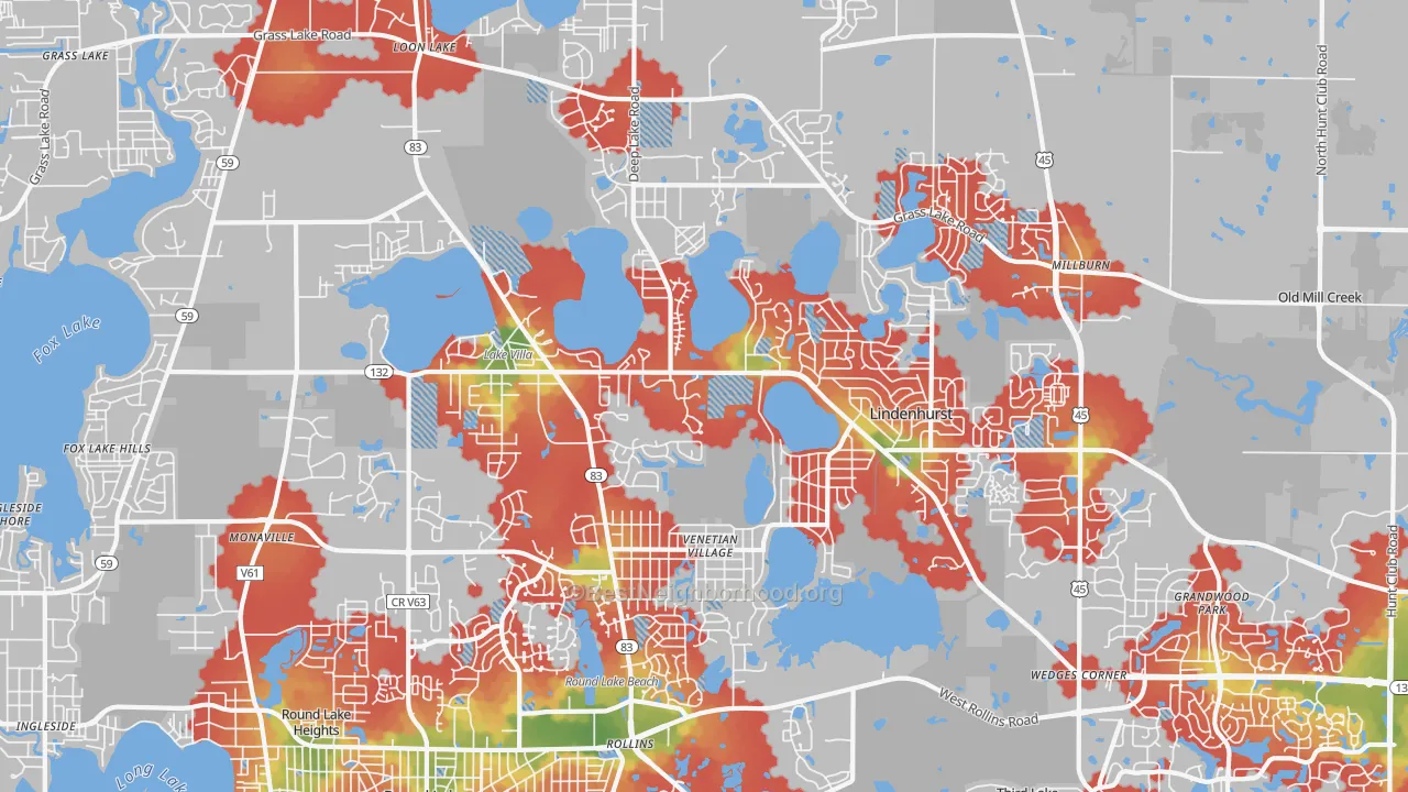Walk Grade map of 60046, IL, walkable areas in green and car-dependent areas in red