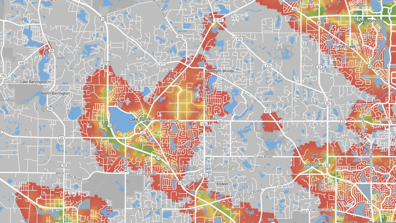 Walk Grade map of 60047, IL, walkable areas in green and car-dependent areas in red