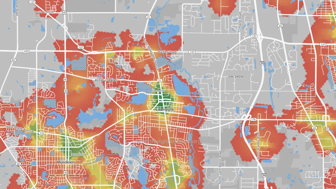 Walk Grade map of 60048, IL, walkable areas in green and car-dependent areas in red