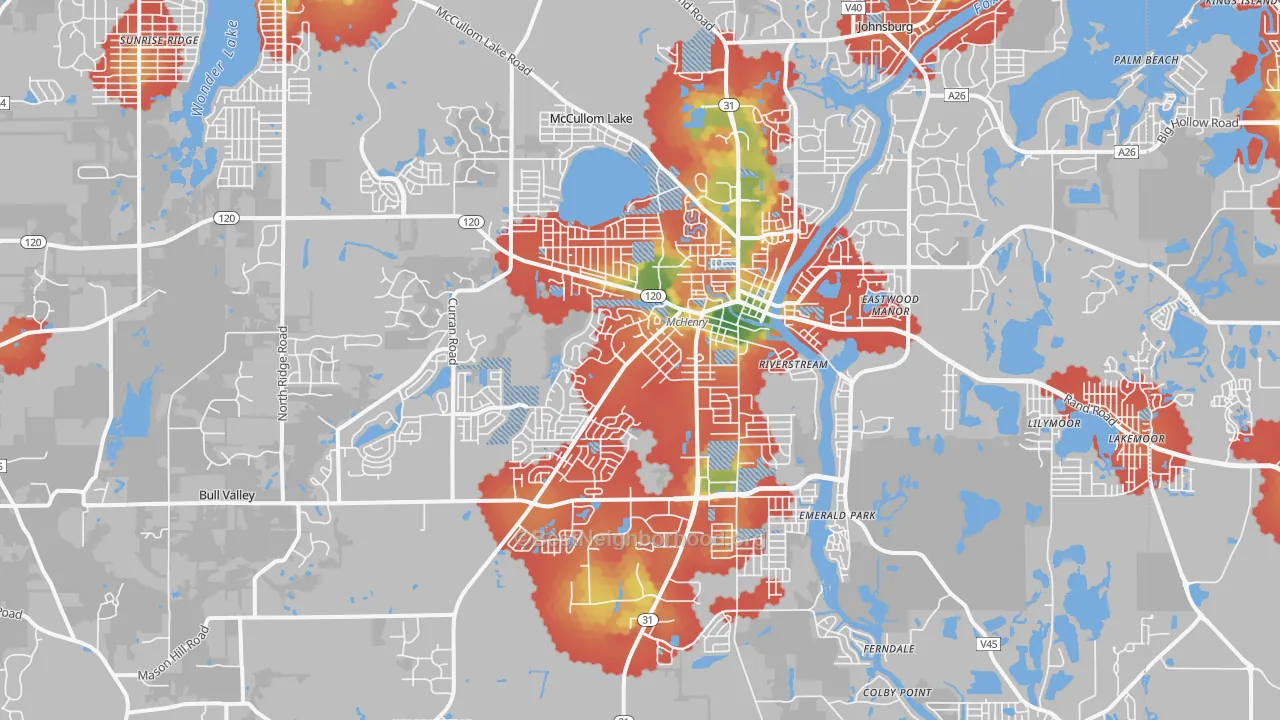 Walk Grade map of 60050, IL, walkable areas in green and car-dependent areas in red