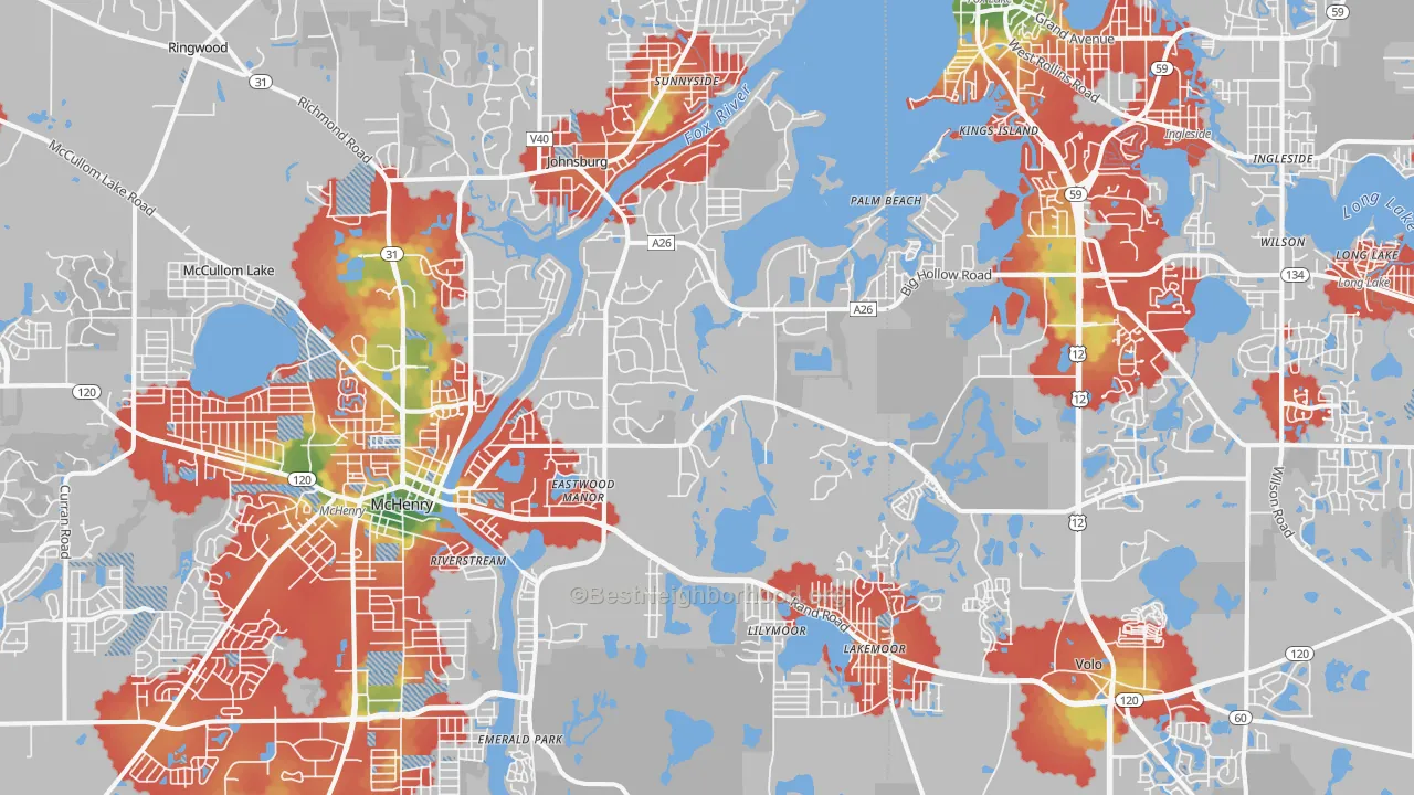 Walk Grade map of 60051, IL, walkable areas in green and car-dependent areas in red