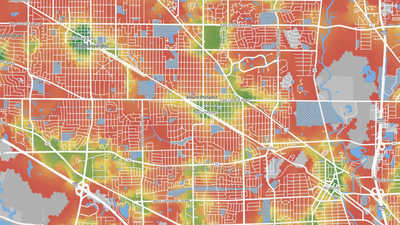 Walk Grade map of 60056, IL, walkable areas in green and car-dependent areas in red
