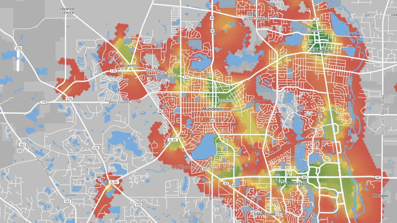 Walk Grade map of 60060, IL, walkable areas in green and car-dependent areas in red