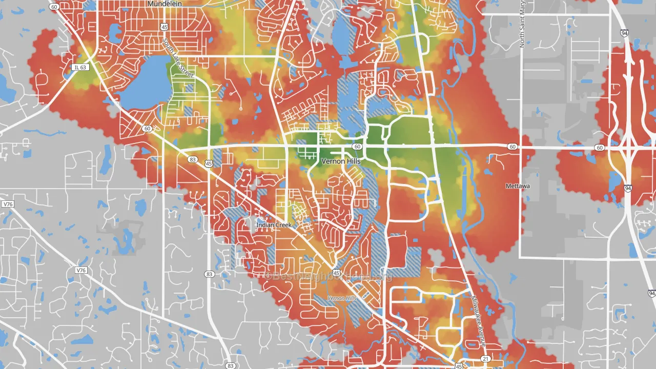 Walk Grade map of 60061, IL, walkable areas in green and car-dependent areas in red