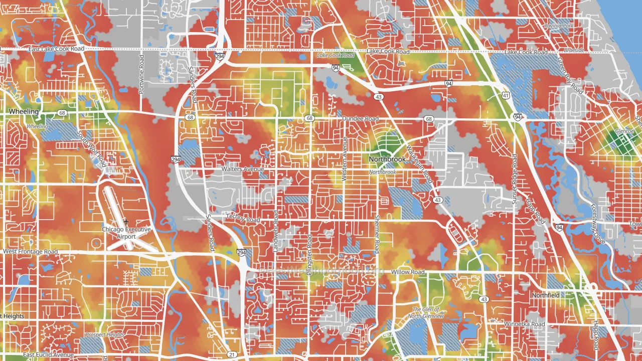 Walk Grade map of 60062, IL, walkable areas in green and car-dependent areas in red