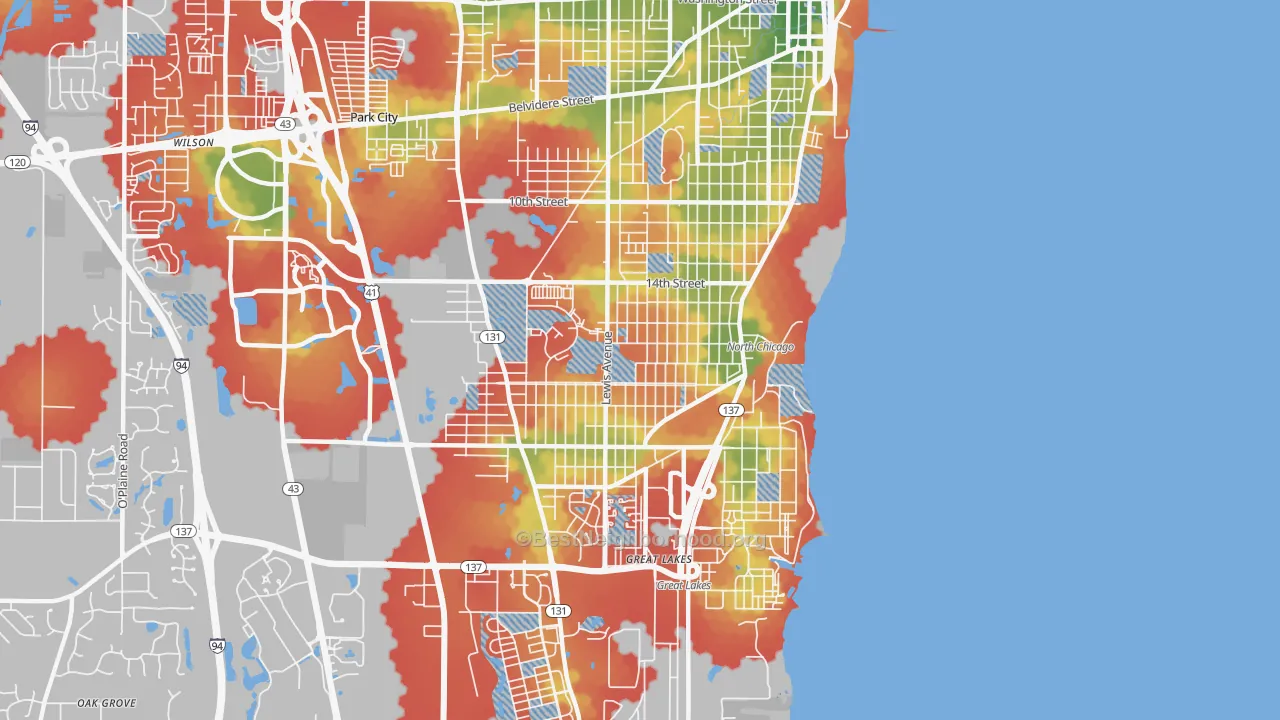Walk Grade map of 60064, IL, walkable areas in green and car-dependent areas in red