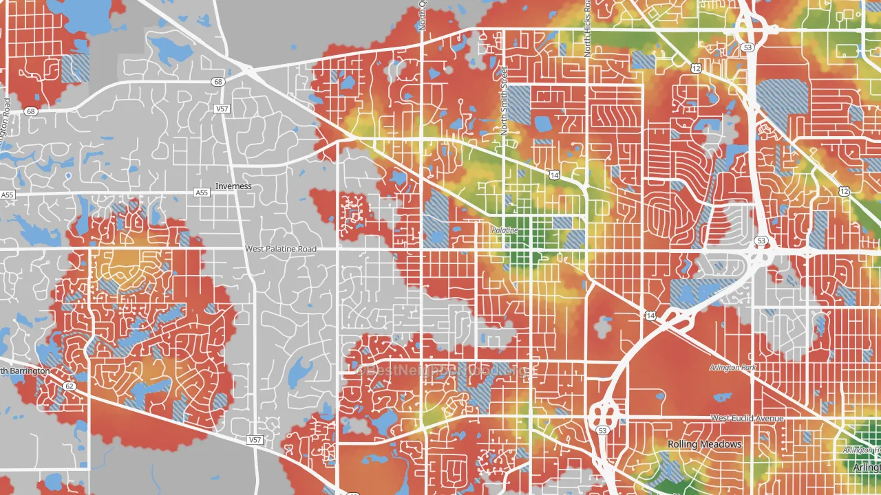 Walk Grade map of 60067, IL, walkable areas in green and car-dependent areas in red