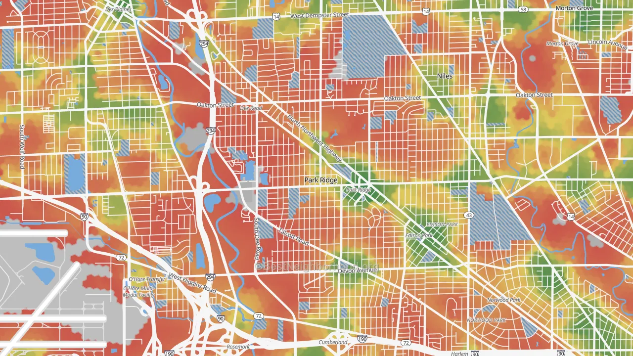 Walk Grade map of 60068, IL, walkable areas in green and car-dependent areas in red