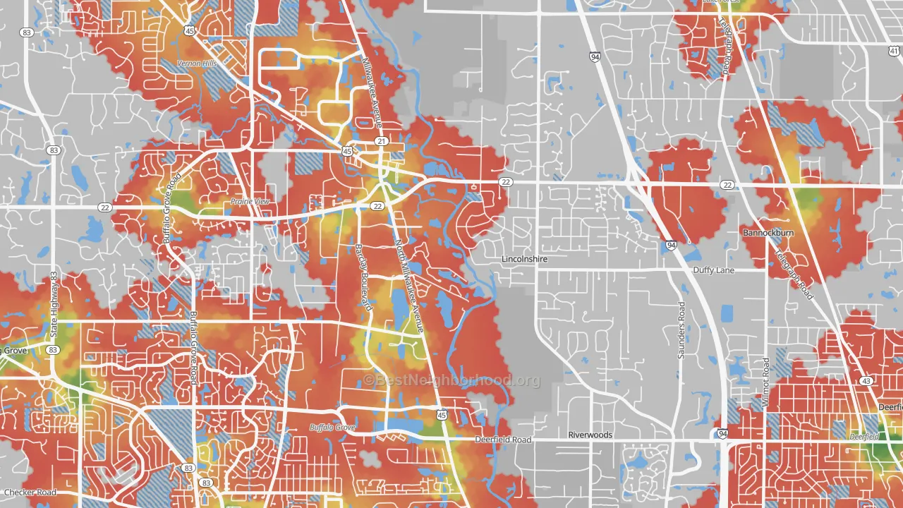 Walk Grade map of 60069, IL, walkable areas in green and car-dependent areas in red