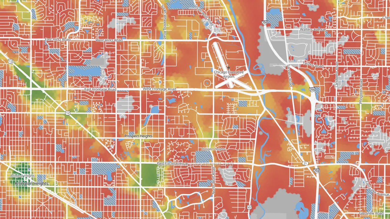 Walk Grade map of 60070, IL, walkable areas in green and car-dependent areas in red