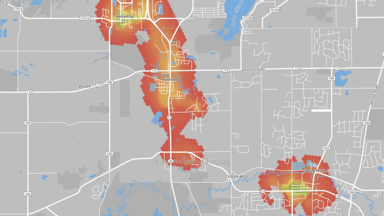 Walk Grade map of 60071, IL, walkable areas in green and car-dependent areas in red