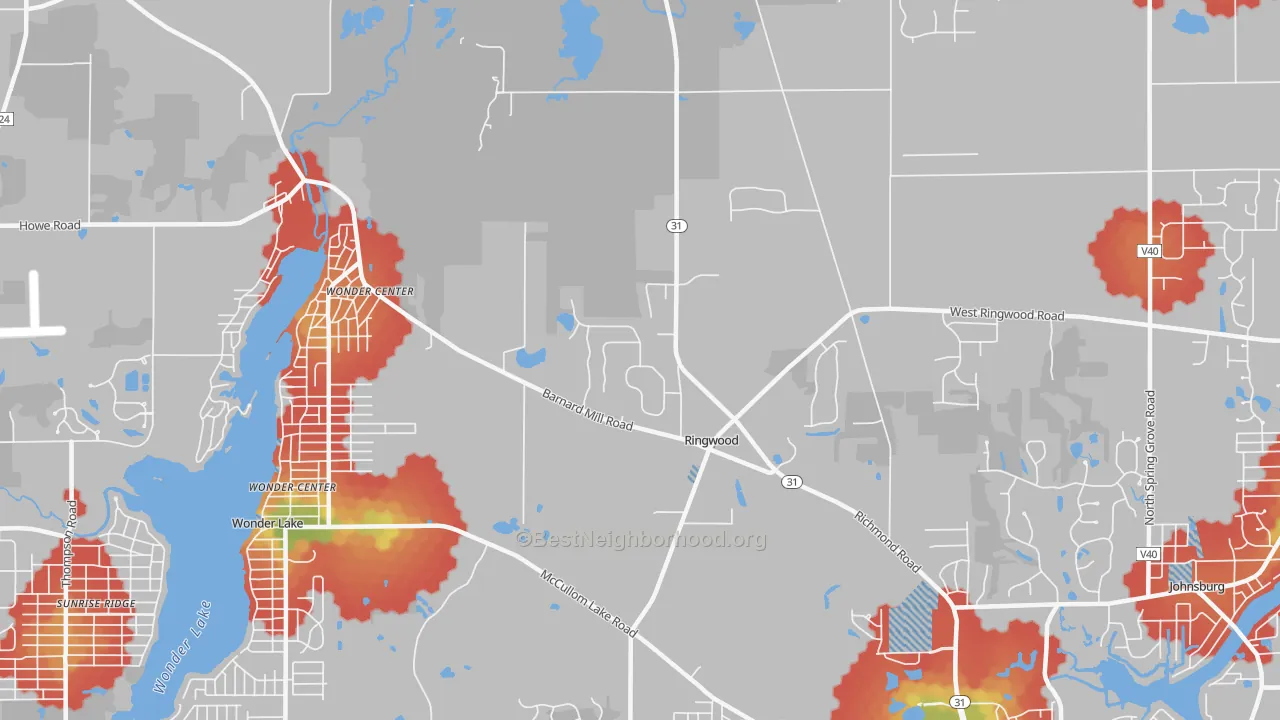 Walk Grade map of 60072, IL, walkable areas in green and car-dependent areas in red