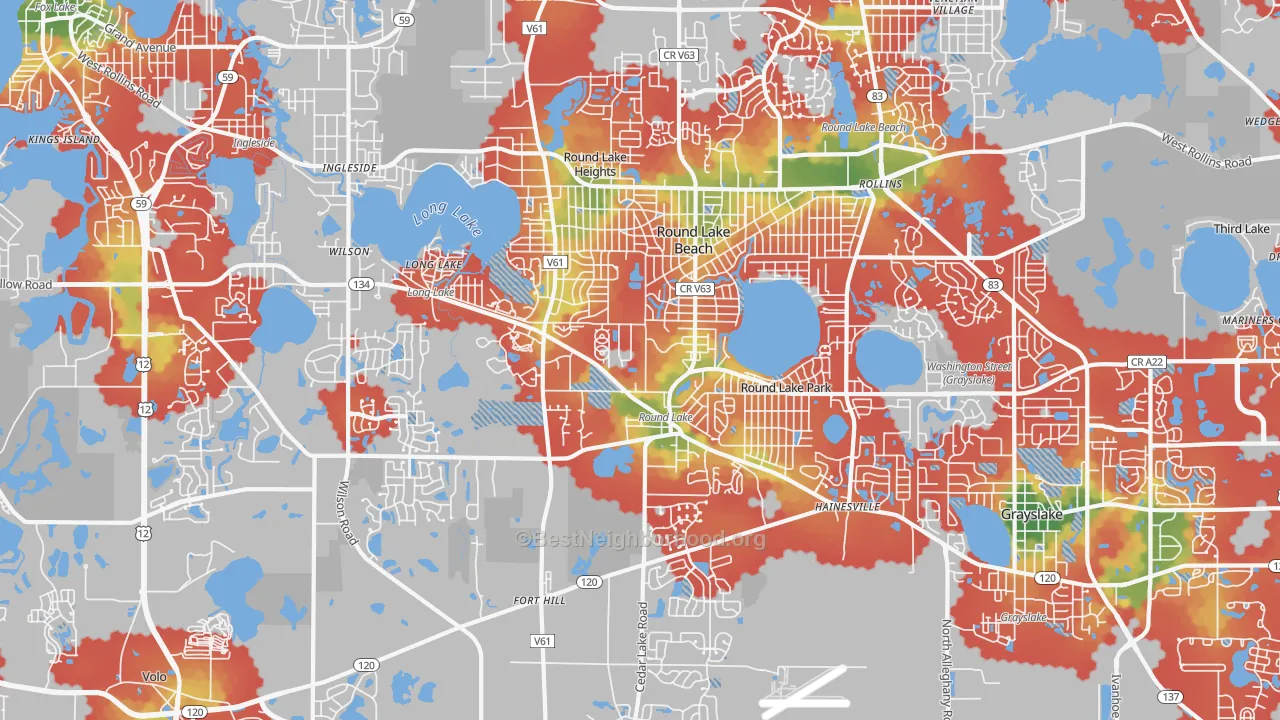 Walk Grade map of 60073, IL, walkable areas in green and car-dependent areas in red