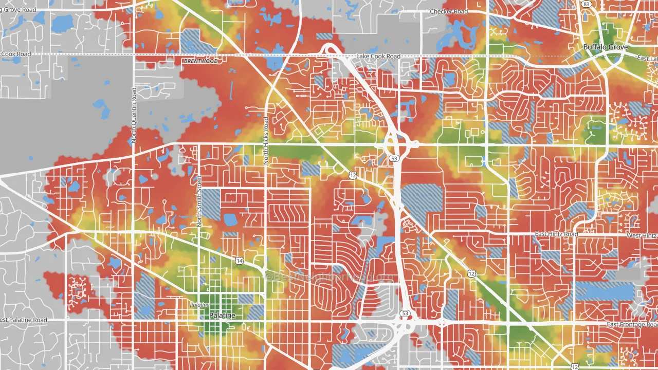 Walk Grade map of 60074, IL, walkable areas in green and car-dependent areas in red