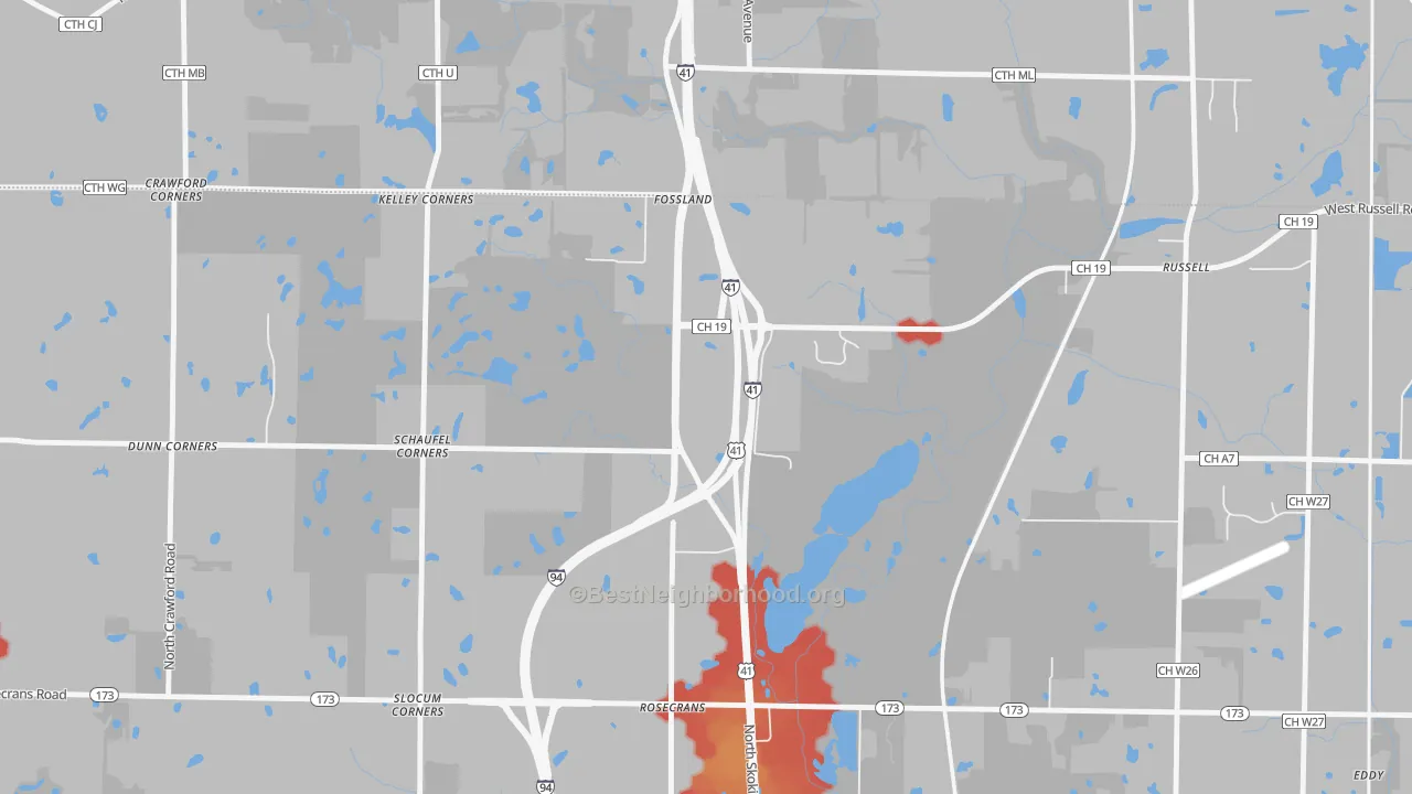 Walk Grade map of 60075, IL, walkable areas in green and car-dependent areas in red
