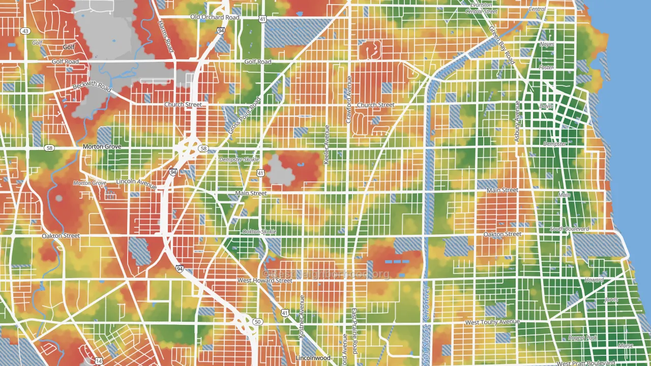Walk Grade map of 60076, IL, walkable areas in green and car-dependent areas in red
