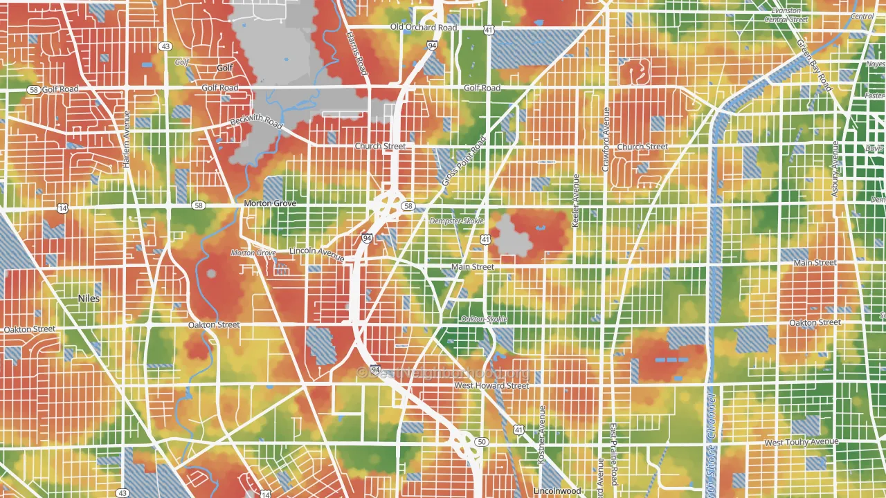 Walk Grade map of 60077, IL, walkable areas in green and car-dependent areas in red