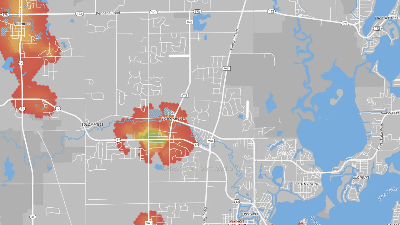 Walk Grade map of 60081, IL, walkable areas in green and car-dependent areas in red