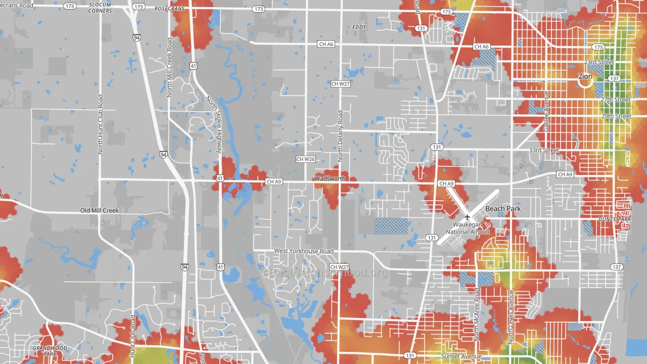Walk Grade map of 60083, IL, walkable areas in green and car-dependent areas in red