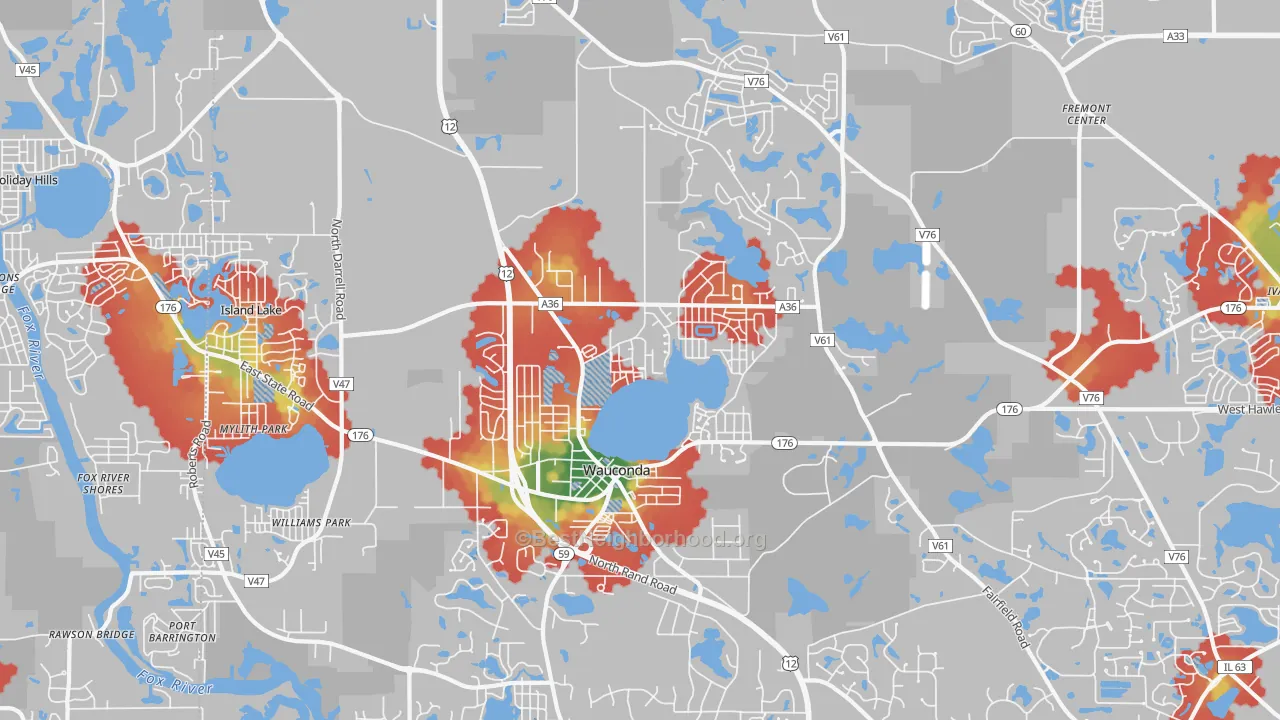 Walk Grade map of 60084, IL, walkable areas in green and car-dependent areas in red