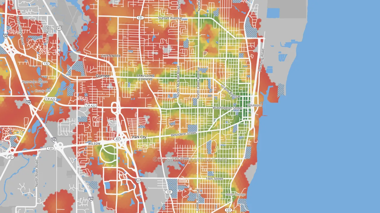 Walk Grade map of 60085, IL, walkable areas in green and car-dependent areas in red