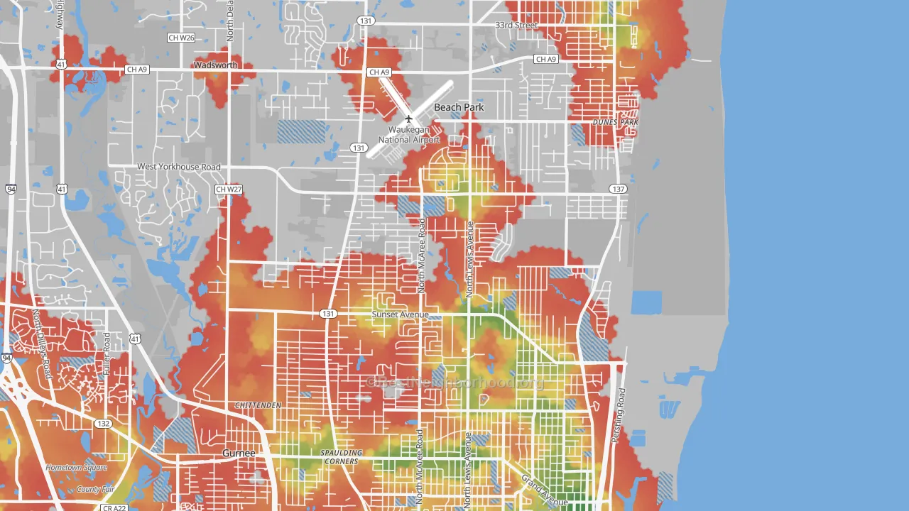 Walk Grade map of 60087, IL, walkable areas in green and car-dependent areas in red
