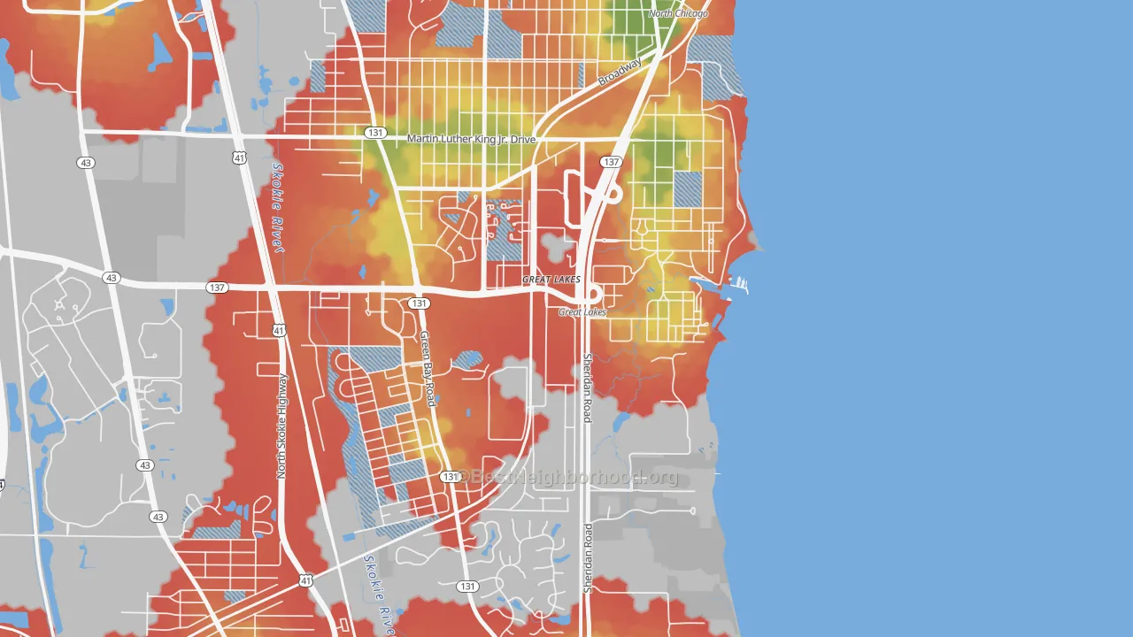 Walk Grade map of 60088, IL, walkable areas in green and car-dependent areas in red