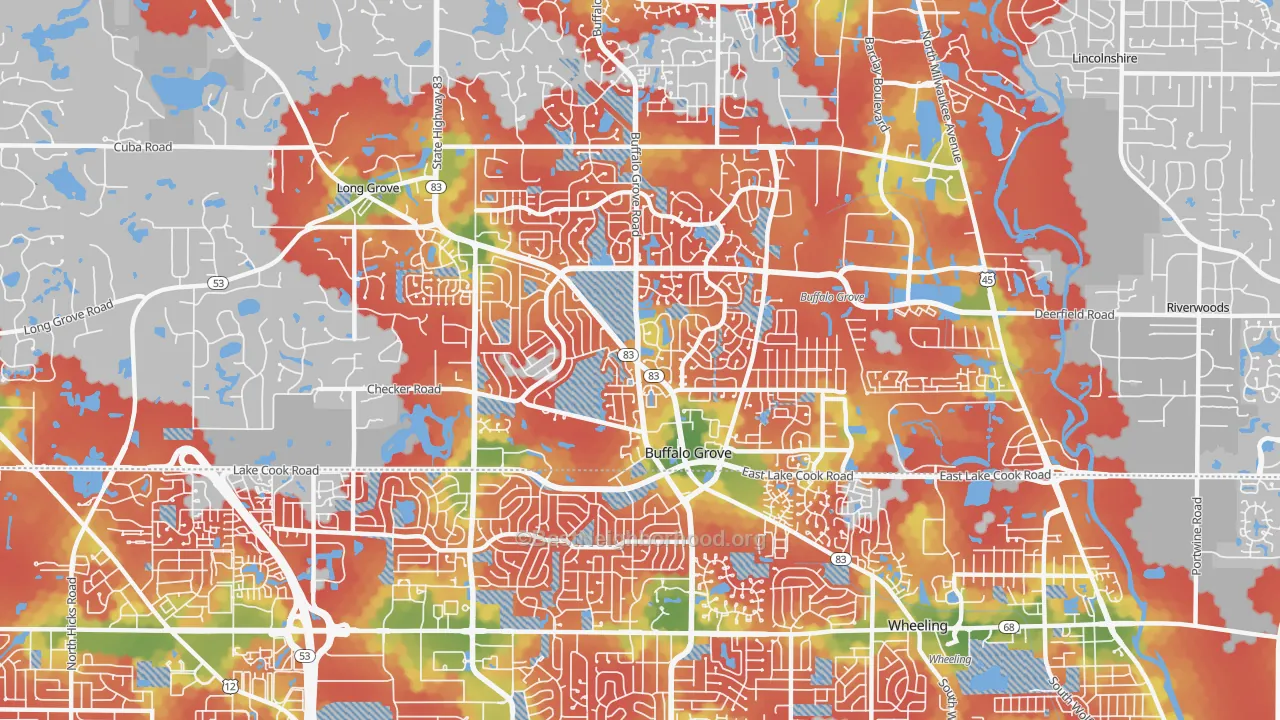 Walk Grade map of 60089, IL, walkable areas in green and car-dependent areas in red
