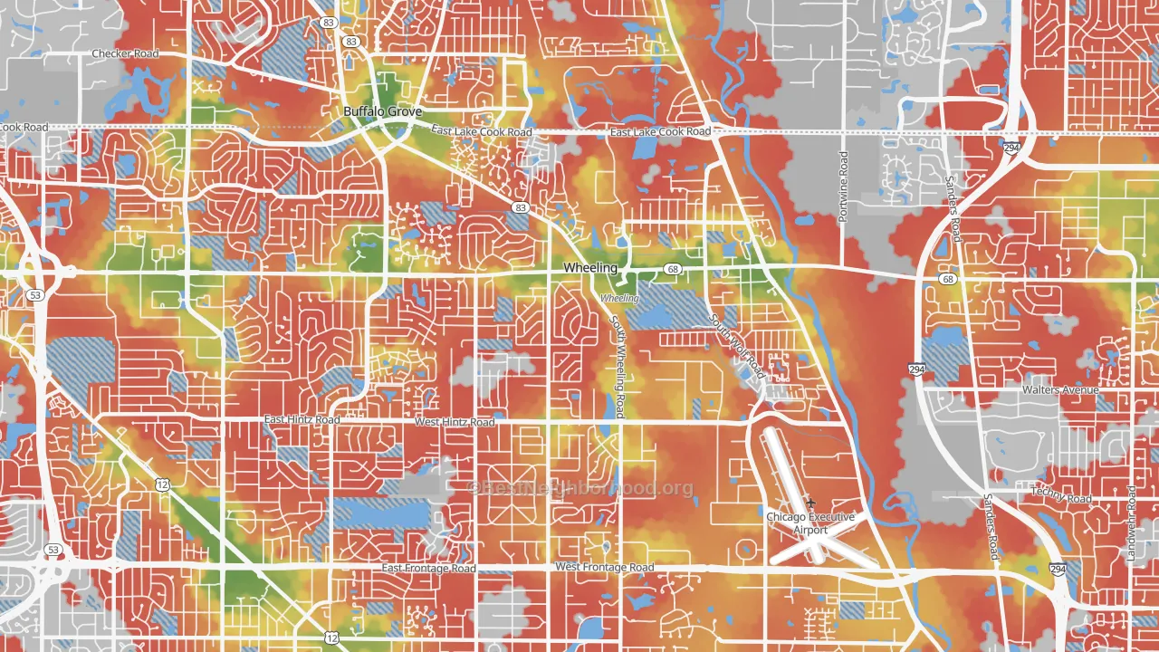 Walk Grade map of 60090, IL, walkable areas in green and car-dependent areas in red