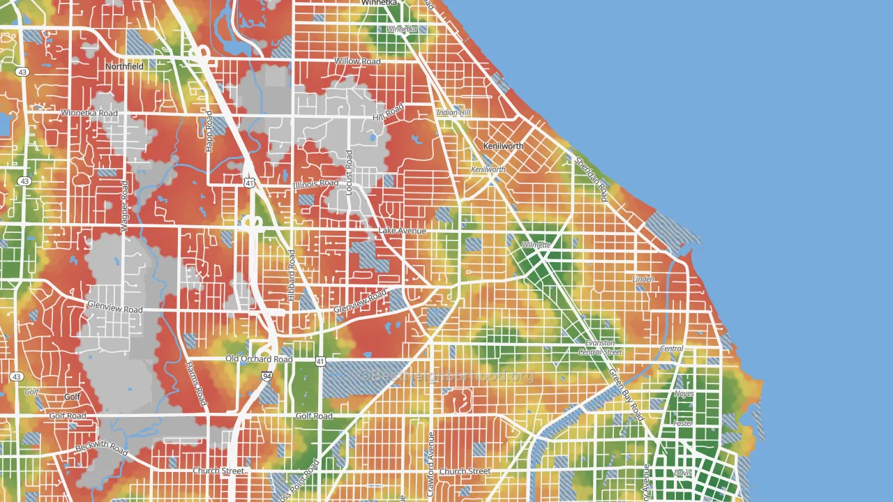Walk Grade map of 60091, IL, walkable areas in green and car-dependent areas in red